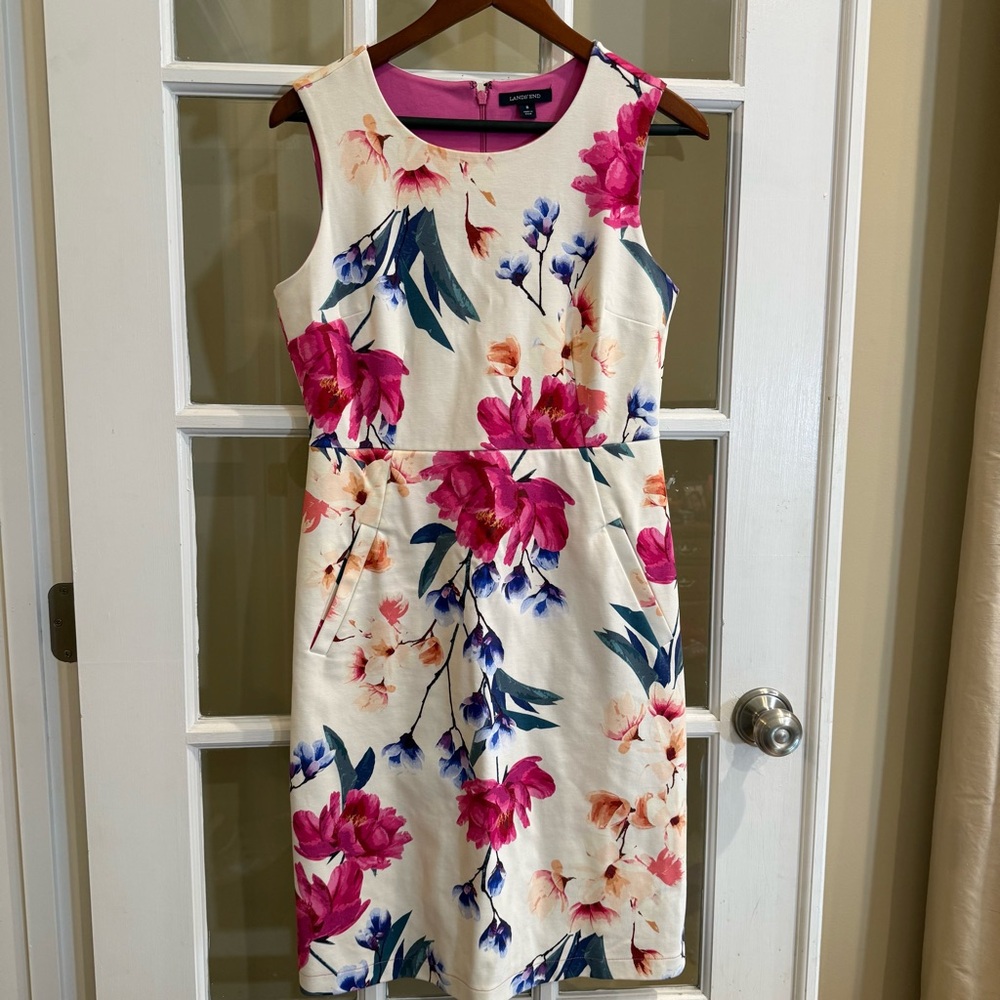 Lands' End Women’s White Pink Floral Sleeveless Midi Dress Size 8